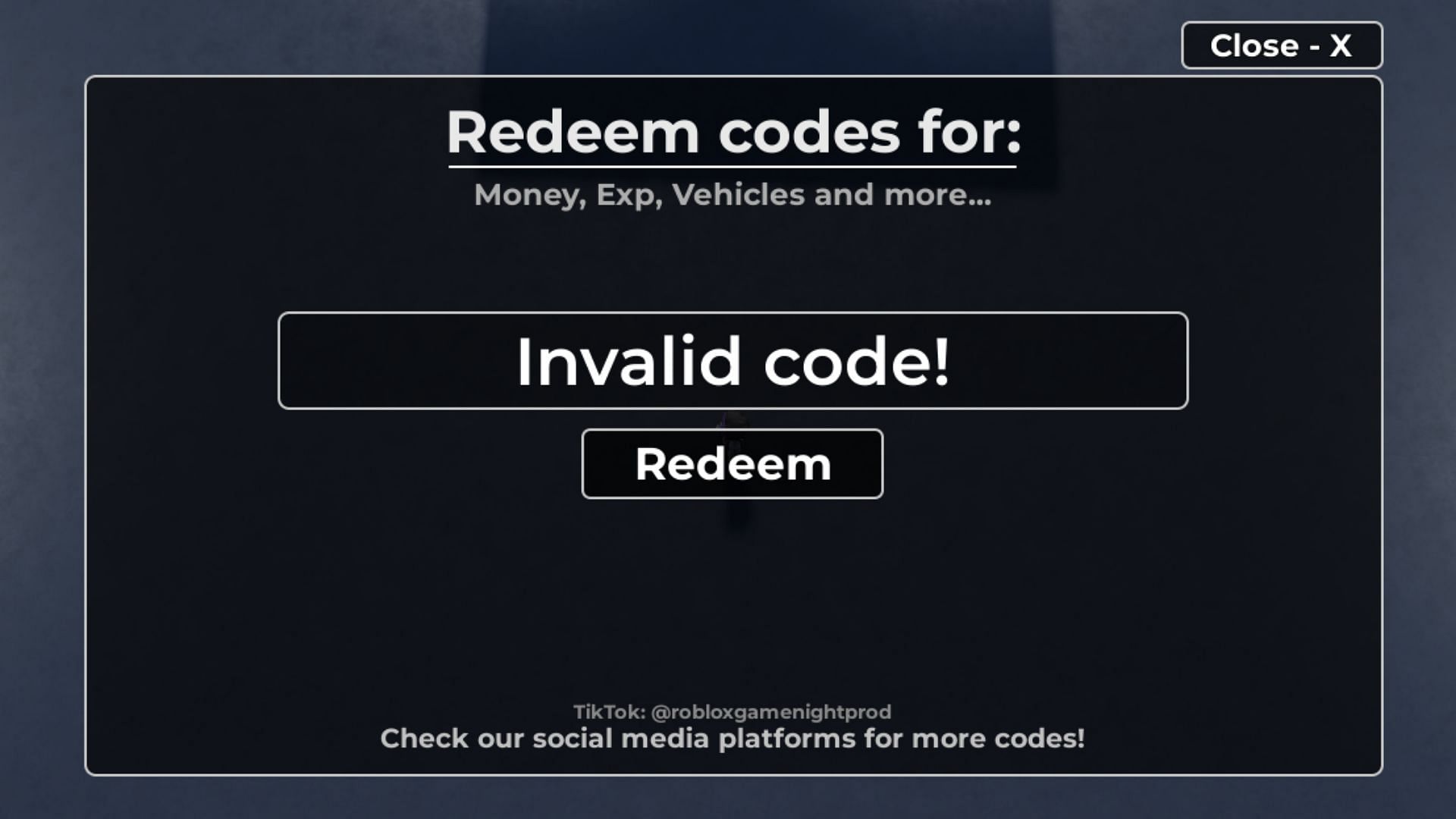 Highway Racers Reborn invalid code issue (Image via Roblox)